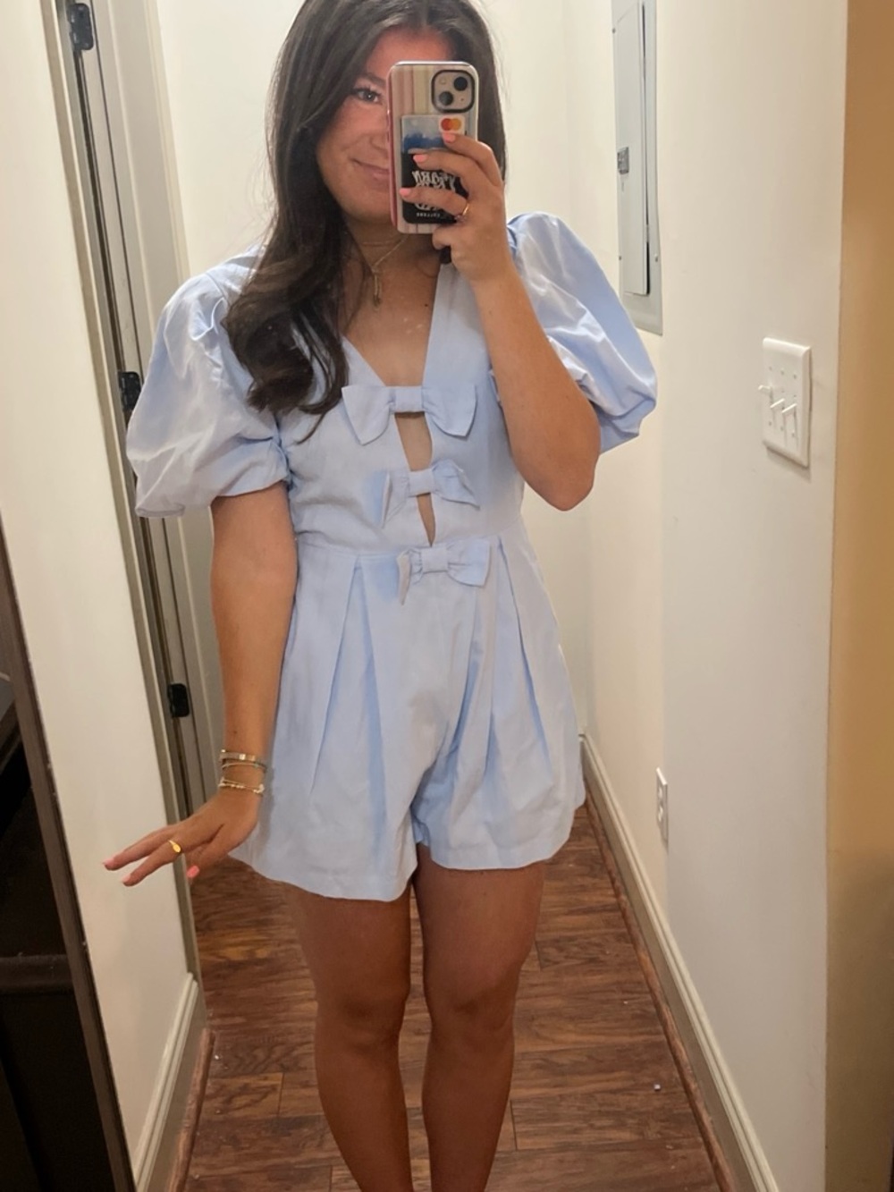 MARBLE Light Blue Puff-Sleeve Romper with Bow Front